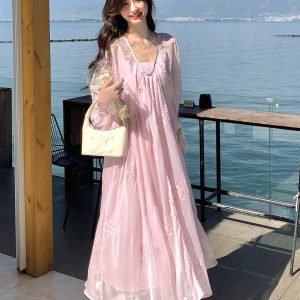 Pink Embroidered French Vacation Style Dress Set for Women - Summer 2025 Two-Piece Camisole Dress Outfit