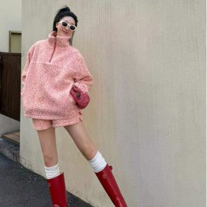 Pink Floral Half-High Collar Sweatshirt and Shorts Set for Women - Casual Spring Style, Loose Fit, Trendy 90s Inspired Look