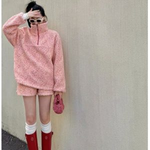 Pink Floral Half-High Collar Sweatshirt and Shorts Set for Women - Casual Spring Style, Loose Fit, Trendy 90s Inspired Look