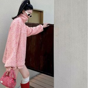 Pink Floral Half-High Collar Sweatshirt and Shorts Set for Women - Casual Spring Style, Loose Fit, Trendy 90s Inspired Look