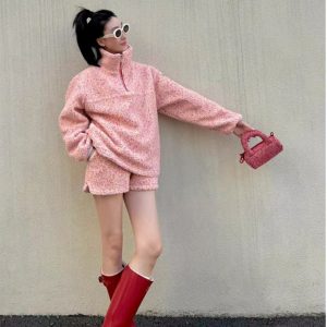 Pink Floral Half-High Collar Sweatshirt and Shorts Set for Women - Casual Spring Style, Loose Fit, Trendy 90s Inspired Look