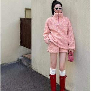 Pink Floral Half-High Collar Sweatshirt and Shorts Set for Women - Casual Spring Style, Loose Fit, Trendy 90s Inspired Look