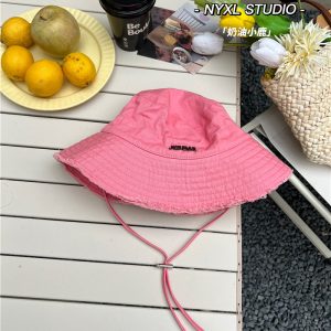 Pink Frayed Bucket Hat for Women - Summer Wide-Brimmed, Versatile Casual Windproof with Drawstring, Y2K Outdoor Hiking Hat