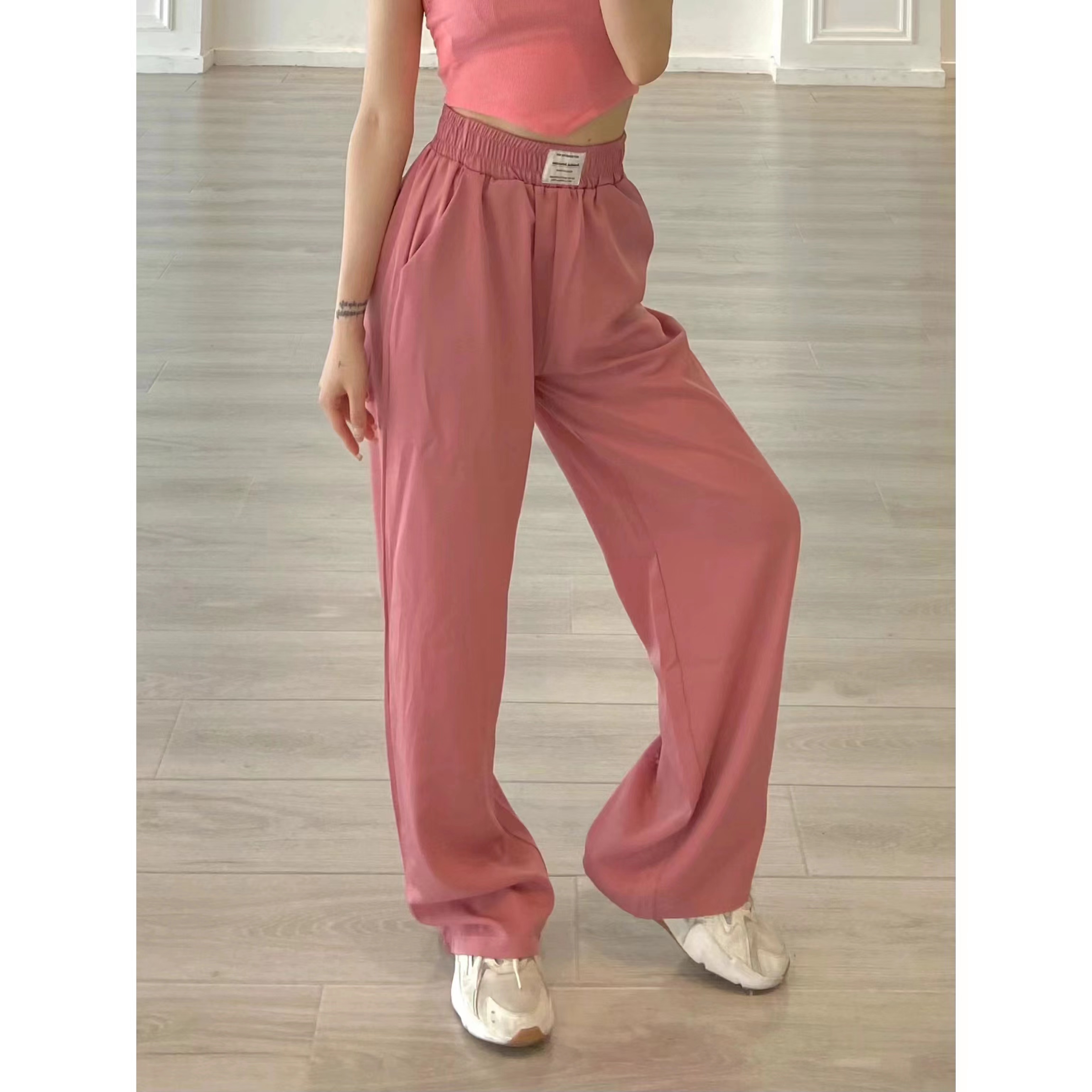 Pink High-Waisted Wide-Leg Pants for Women - Casual Loose Slimming Straight-Leg Trousers - Trendy Floor-Length Fashion