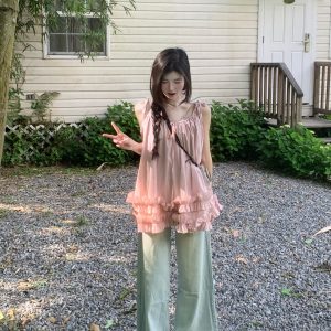 Pink Lace-Up Ruffled Hem Camisole Dress for Women - Summer Korean Style Short Skirt, Trendy and Beautiful Design
