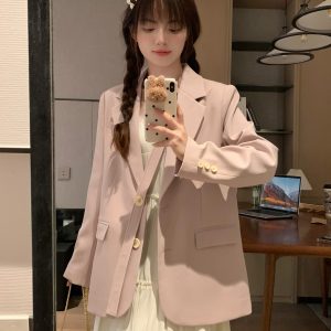 Pink Oversized Casual Blazer for Women - Elegant Korean Style, Versatile High-End Design, Spring Fashion Must-Have