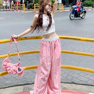 Pink Plaid Casual Summer Pants for Women, Straight-Leg Slim-Fit Wide-Leg Trousers, Trendy Colorful Dopamine Style