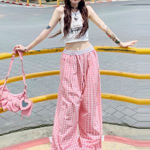 Pink Plaid Casual Summer Pants for Women, Straight-Leg Slim-Fit Wide-Leg Trousers, Trendy Colorful Dopamine Style