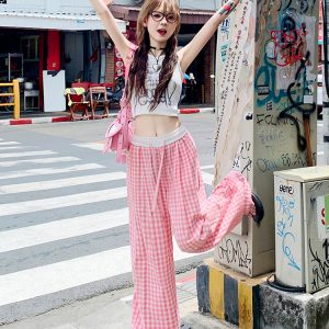 Pink Plaid Casual Summer Pants for Women, Straight-Leg Slim-Fit Wide-Leg Trousers, Trendy Colorful Dopamine Style