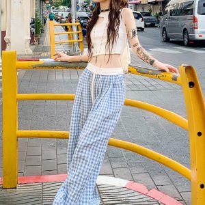 Pink Plaid Casual Summer Pants for Women, Straight-Leg Slim-Fit Wide-Leg Trousers, Trendy Colorful Dopamine Style