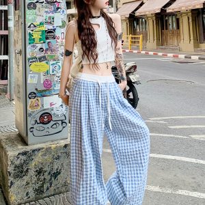 Pink Plaid Casual Summer Pants for Women, Straight-Leg Slim-Fit Wide-Leg Trousers, Trendy Colorful Dopamine Style