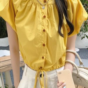 Pink Puff Sleeve Short Blouse for Women with Waist Drawstring, Summer Fashion for Petite Figures, Trendy and Unique Style