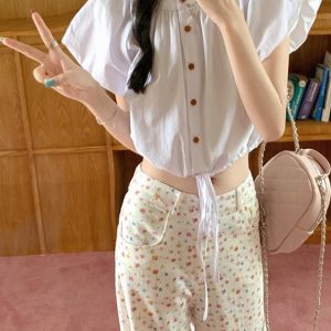 Pink Puff Sleeve Short Blouse for Women with Waist Drawstring, Summer Fashion for Petite Figures, Trendy and Unique Style