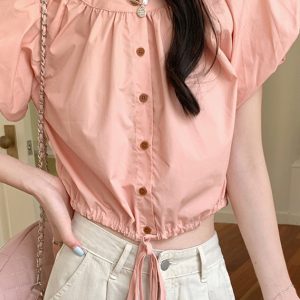 Pink Puff Sleeve Short Blouse for Women with Waist Drawstring, Summer Fashion for Petite Figures, Trendy and Unique Style