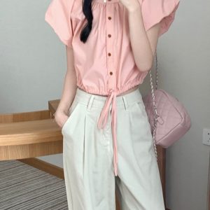 Pink Puff Sleeve Short Blouse for Women with Waist Drawstring, Summer Fashion for Petite Figures, Trendy and Unique Style