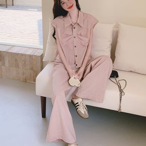 Pink Sleeveless Shirt and Wide-Leg Pants Two-Piece Set for Women - Casual Summer Outfit, Slim Fit Denim Style