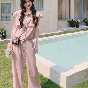 Pink Sleeveless Shirt and Wide-Leg Pants Two-Piece Set for Women - Casual Summer Outfit, Slim Fit Denim Style