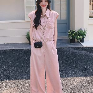 Pink Sleeveless Shirt and Wide-Leg Pants Two-Piece Set for Women - Casual Summer Outfit, Slim Fit Denim Style