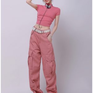 Pink Straight Casual Work Pants for Women – Trendy American Retro Hip-Hop Street Dance Style