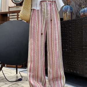 Pink Striped Casual Pants for Women - 2025 Summer Korean Style Loose Straight Trousers