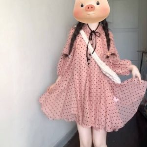 Pink Tencel Polka Dot Big Umbrella Dress for Women - Summer Elegant Loose Fit, Sweet Slimming Short Skirt, Petite Fashion