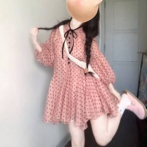 Pink Tencel Polka Dot Big Umbrella Dress for Women - Summer Elegant Loose Fit, Sweet Slimming Short Skirt, Petite Fashion
