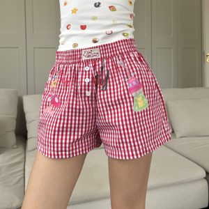 Plaid Cartoon Printed Loose Shorts with Elastic Waist - Versatile American Style for Summer Home and Walking