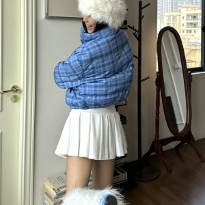 Plaid Cotton Jacket for Women - American Style, Stand-Up Collar, Loose Fit, Short Length, Perfect for Spicy Summer Vibes