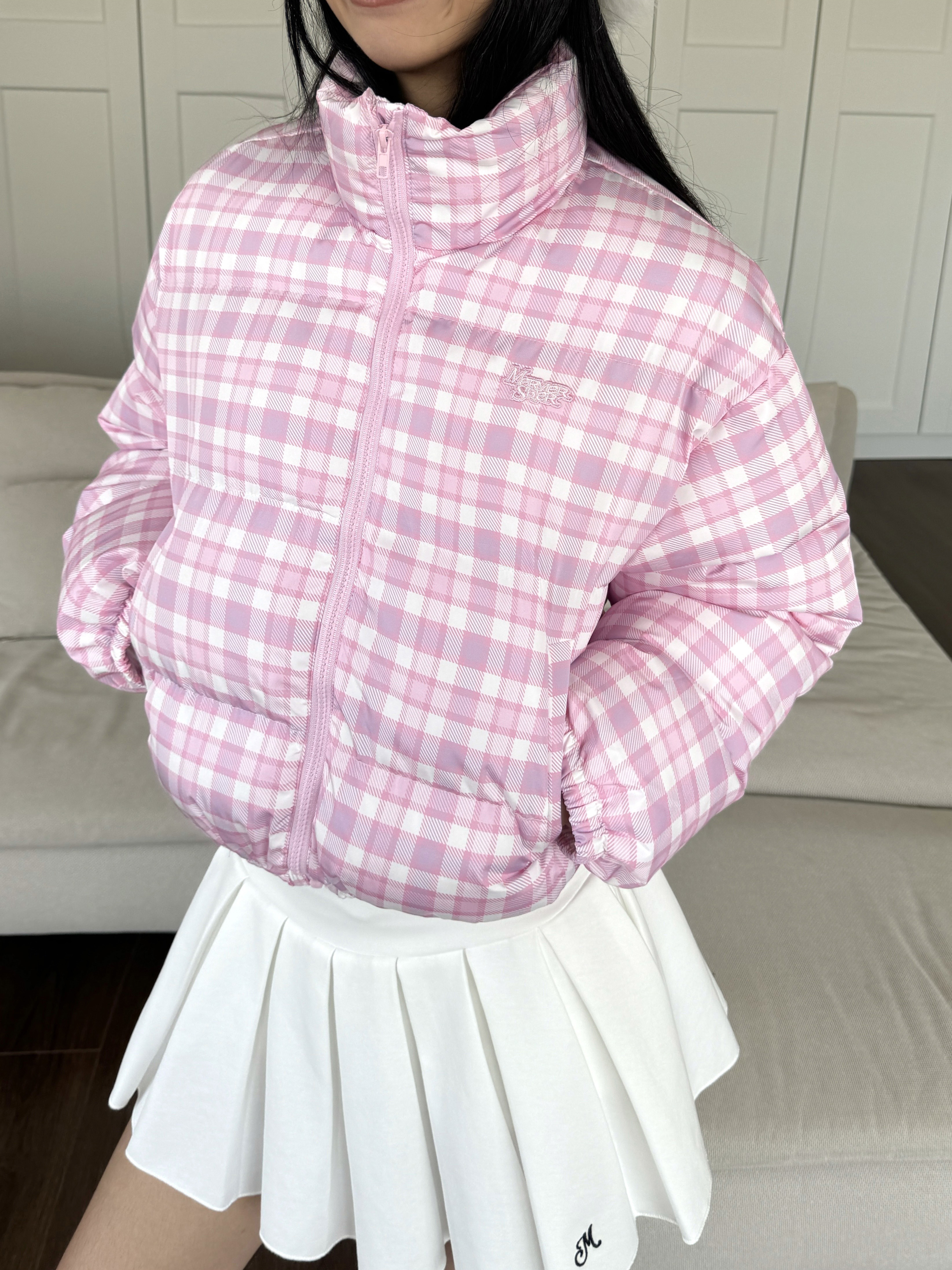 Plaid Cotton Jacket for Women - American Style, Stand-Up Collar, Loose Fit, Short Length, Perfect for Spicy Summer Vibes