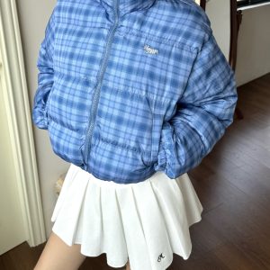 Plaid Cotton Jacket for Women - American Style, Stand-Up Collar, Loose Fit, Short Length, Perfect for Spicy Summer Vibes