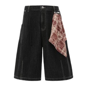 Plaid Fabric Decoration Vintage Straight Leg Raw Color Denim Capris - 2025 Summer Trend