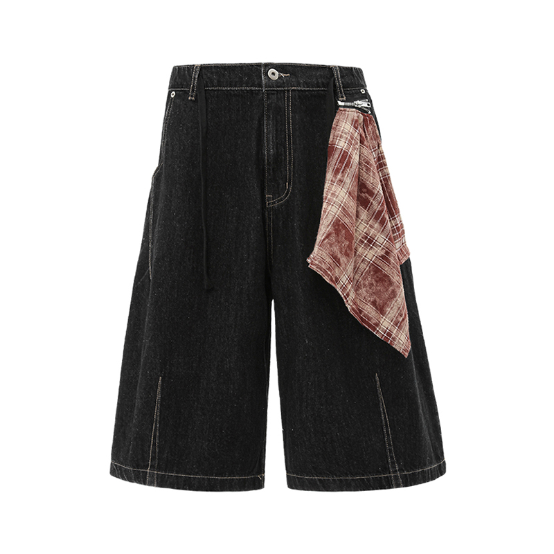 Plaid Fabric Decoration Vintage Straight Leg Raw Color Denim Capris - 2025 Summer Trend