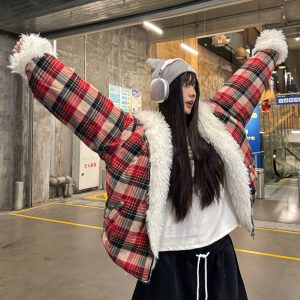 Plaid Hooded Cotton Coat with Fur Collar, Thickened Plush Winter Outerwear, American Style Lazy Chic Jacket