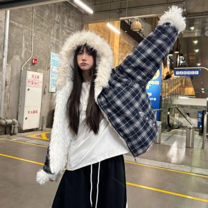 Plaid Hooded Cotton Coat with Fur Collar, Thickened Plush Winter Outerwear, American Style Lazy Chic Jacket