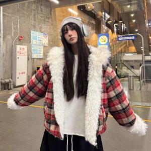 Plaid Hooded Cotton Coat with Fur Collar, Thickened Plush Winter Outerwear, American Style Lazy Chic Jacket