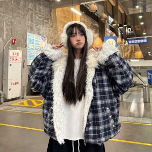 Plaid Hooded Cotton Coat with Fur Collar, Thickened Plush Winter Outerwear, American Style Lazy Chic Jacket