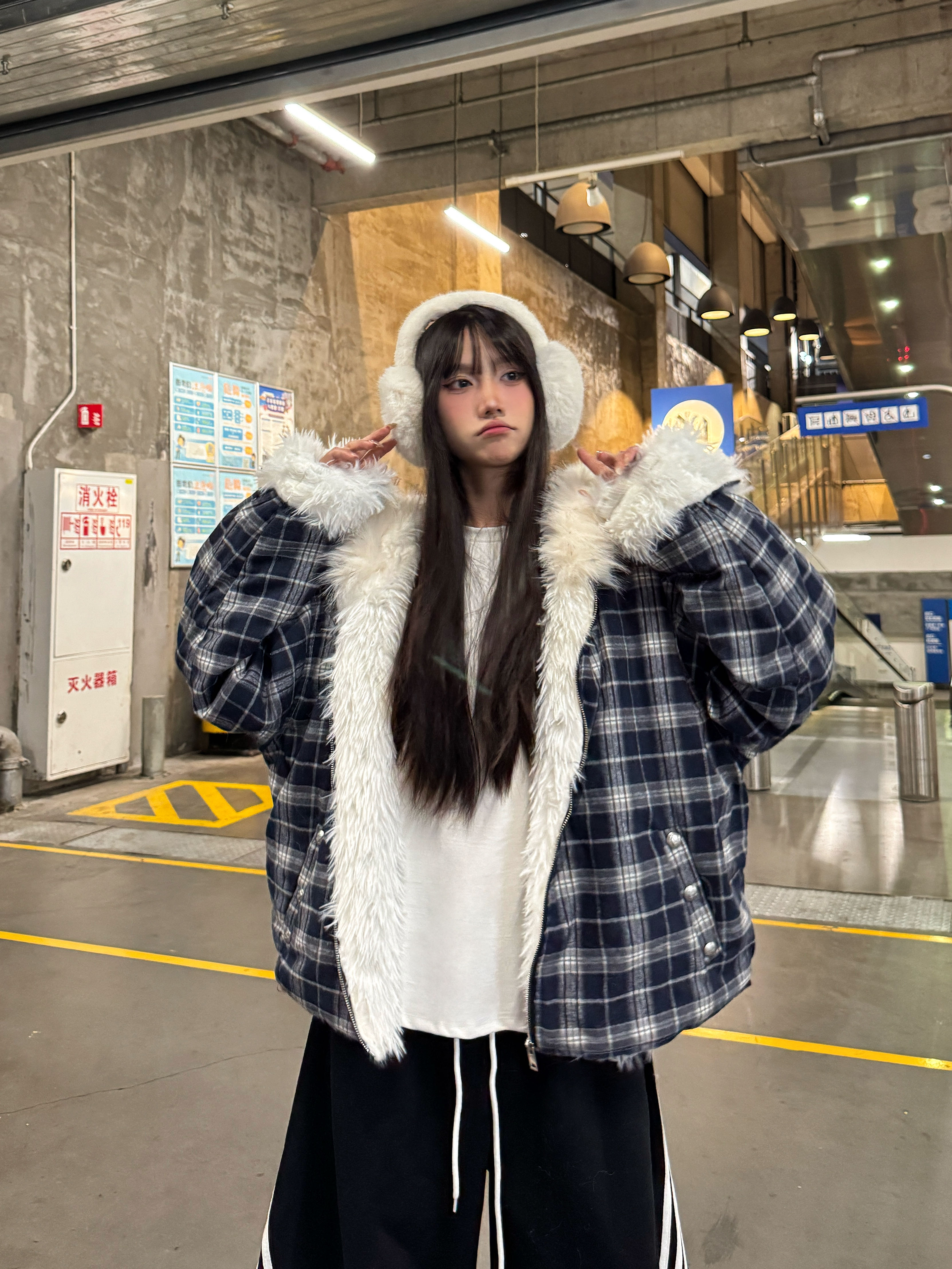 Plaid Hooded Cotton Coat with Fur Collar, Thickened Plush Winter Outerwear, American Style Lazy Chic Jacket