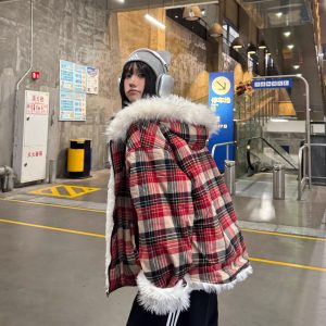 Plaid Hooded Cotton Coat with Fur Collar, Thickened Plush Winter Outerwear, American Style Lazy Chic Jacket