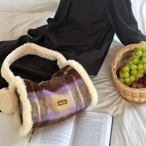 Plaid Large Capacity Toast Bag - Grape Milk Jelly Design, Fashion Casual Shoulder Bag for Autumn Winter Style