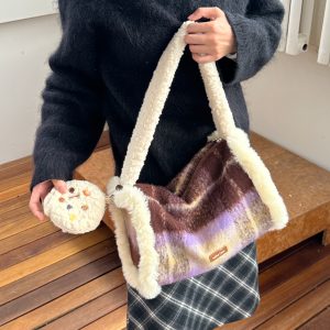 Plaid Large Capacity Toast Bag - Grape Milk Jelly Design, Fashion Casual Shoulder Bag for Autumn Winter Style