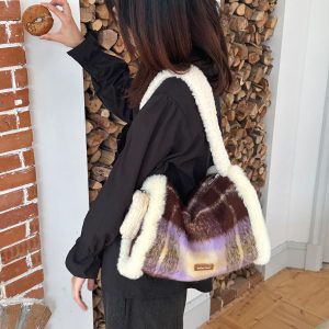 Plaid Large Capacity Toast Bag - Grape Milk Jelly Design, Fashion Casual Shoulder Bag for Autumn Winter Style