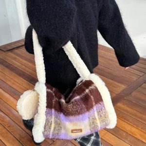 Plaid Large Capacity Toast Bag - Grape Milk Jelly Design, Fashion Casual Shoulder Bag for Autumn Winter Style