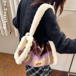 Plaid Large Capacity Toast Bag - Grape Milk Jelly Design, Fashion Casual Shoulder Bag for Autumn Winter Style