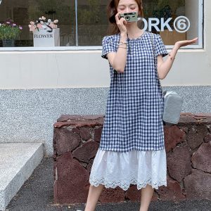 Plaid Petite Hooded Dress, Summer Casual Relaxed Japanese Style, Polo Collar Long Dress for Effortless Everyday Elegance