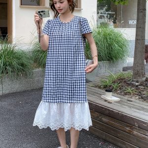 Plaid Petite Hooded Dress, Summer Casual Relaxed Japanese Style, Polo Collar Long Dress for Effortless Everyday Elegance