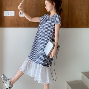 Plaid Petite Hooded Dress, Summer Casual Relaxed Japanese Style, Polo Collar Long Dress for Effortless Everyday Elegance