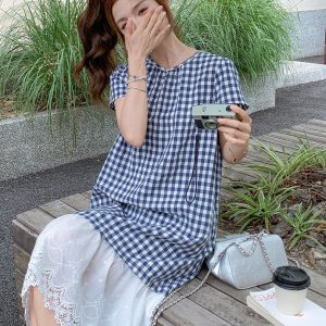 Plaid Petite Hooded Dress, Summer Casual Relaxed Japanese Style, Polo Collar Long Dress for Effortless Everyday Elegance