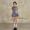 Plaid Spliced Polo Shirt with Bow Tie Set and Cute Short Skirt Dress, Short Sleeve, Slim Fit, Y2K Style