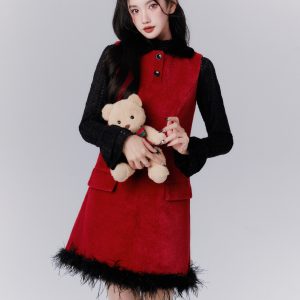 Playful Layered Vest Dress with Plush Inner, Runaway Elf Design, Perfect for 90s Y2K Style Fashion
