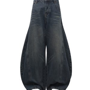 Pleated Curved Blade Wide-Leg Jeans with Natural Cat Whiskers - Vintage Y2K Banana Scythe Denim Pants for Trendy Looks
